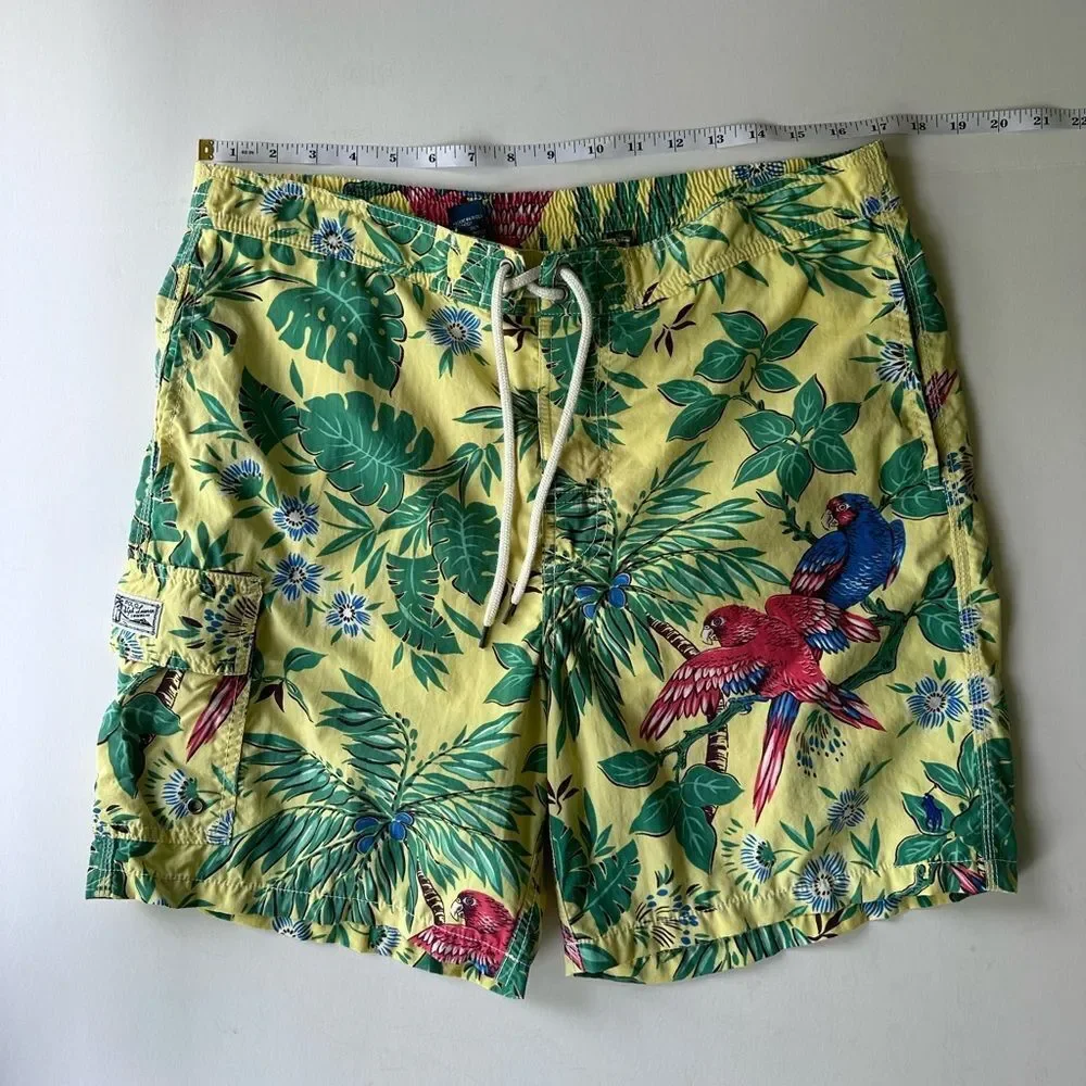 Vintage Polo Ralph Lauren Yellow Tropical Parrot Print Swim Trunks Size M